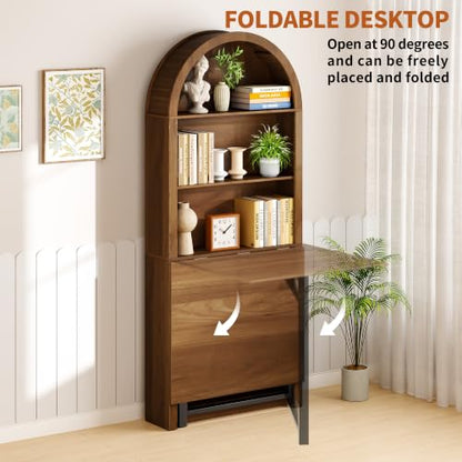 Folding Convertible Writing Table Fold-Out Murphy Desk Computer Desk | Space Saving Arched Foldable Desk Cabinet with Storage,Multi-Function folding table for Small Spaces,Home Office,Bedroom