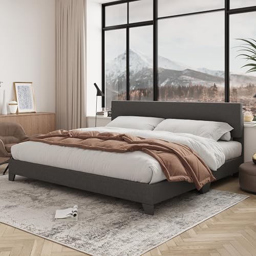 Allewie King Size Upholstered Bed Frame Adjustable Headboard, Dark Grey | Platform Bed with Heavy Duty Mattress Foundation, Noise-Free, Easy Assembly, Wood Slat Support, No Box Spring Needed - color: Dark Grey, size: King