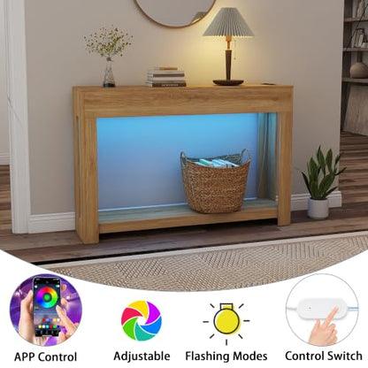 Wood Console Table Entryway：47" Oak Narrow Entryway Table with Outlet | Behind the Couch Tables with LED, Modern Console Tables for Hallway, Living Room