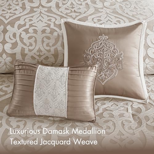 Madison Park Odette Cozy Comforter Set Jacquard Damask Medallion Design - Modern All Season, Down Alternative Bedding, Shams, Decorative Pillows, Queen(90 in x 90 in), Tan 8 Piece | All Season Down Alternative Bedding with Comforter, Shams, Bed Skirt, Dec