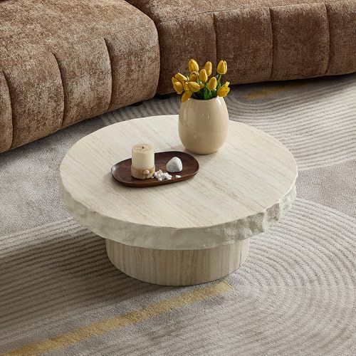 Round Nesting Coffee Table with Faux Mars Pattern for Living Room, Modern Fiberglass Circle Travertine Center Table with Base, Faux Stone Tea Table, No Need Assembly, 31.7"+23.8" (Beige) - color: G-31.69"+23.82" Beige
