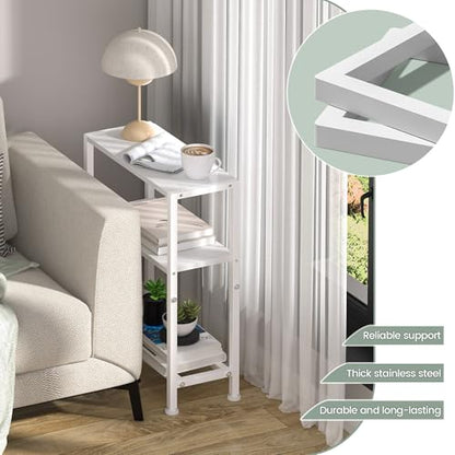 Narrow Side Table Set of 2 for Small Space, 2-Tier Small End Table with Shelf Holder, Slim Nightstand, Skinny Snack Couch Table in Living Room, Bedroom, Study, Kitchen and Balcony (White) - color: White