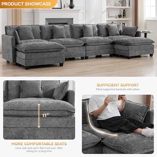 147'' Sectional Cloud Deep Seat Couch, Oversized Chenille U Shaped Sectional Sofa for Living Room Set, Comfy Upholstered Modular Sectional Sofa Couch with 2 Movable Ottoman, Grey - color: Grey, size: 147'' U Shape
