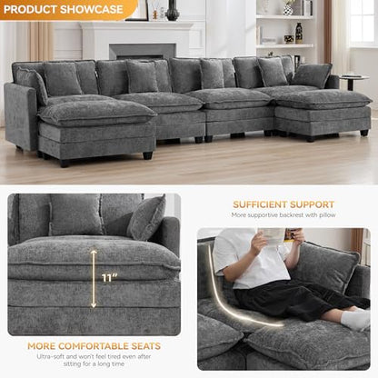 147'' Sectional Cloud Deep Seat Couch, Oversized Chenille U Shaped Sectional Sofa for Living Room Set, Comfy Upholstered Modular Sectional Sofa Couch with 2 Movable Ottoman, Grey - color: Grey, size: 147'' U Shape