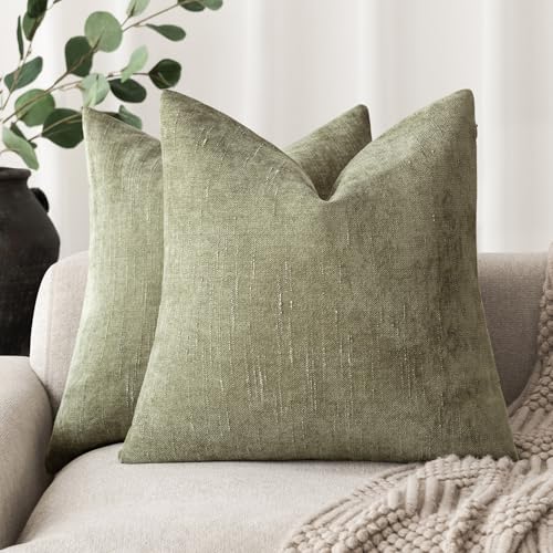 Foindtower Pack of 2 Soft Textured Chenille Throw Decorative Pillow Covers Square Accent Solid Cushion Cover Cozy Neutral Farmhouse Pillow Case for Couch Sofa Bedroom Living Room 16x16 Inch,Sage Green - color: Calliste Green, size: 16" x 16" (Pack of 2)