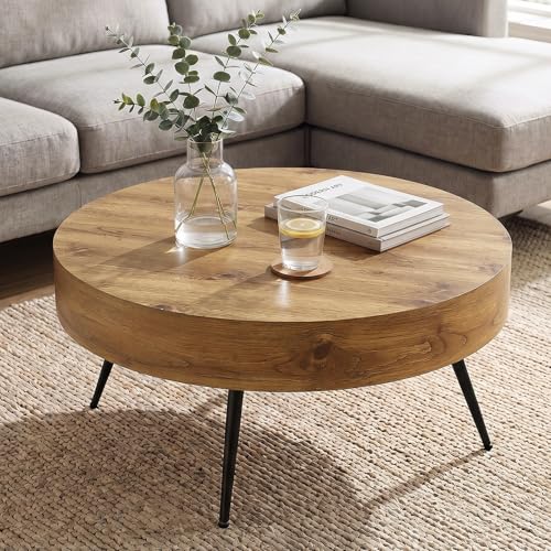 Round Coffee Table, Mid Century Small Coffee Table with Metal Legs, Wood Coffee Table Accent Center Table for Living Room Apartment Small Space (31.5''D-Brown) - color: Brown