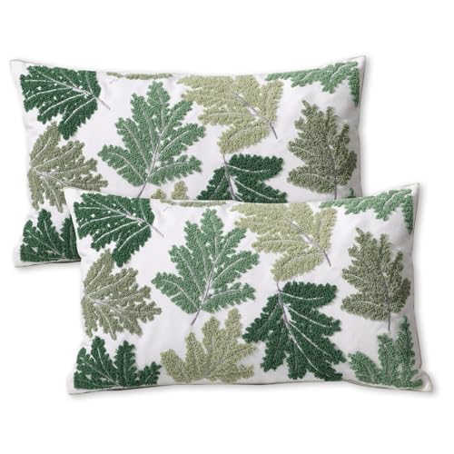 Set of 2 Embroidered Decorative Throw Pillow Covers Couch Square Pillowcases Cushion for Bedroom Sofa Farmhouse Decor 18x18 Inch (Green Maple Leaf-Lumbar) - color: Green Maple Leaf-lumbar