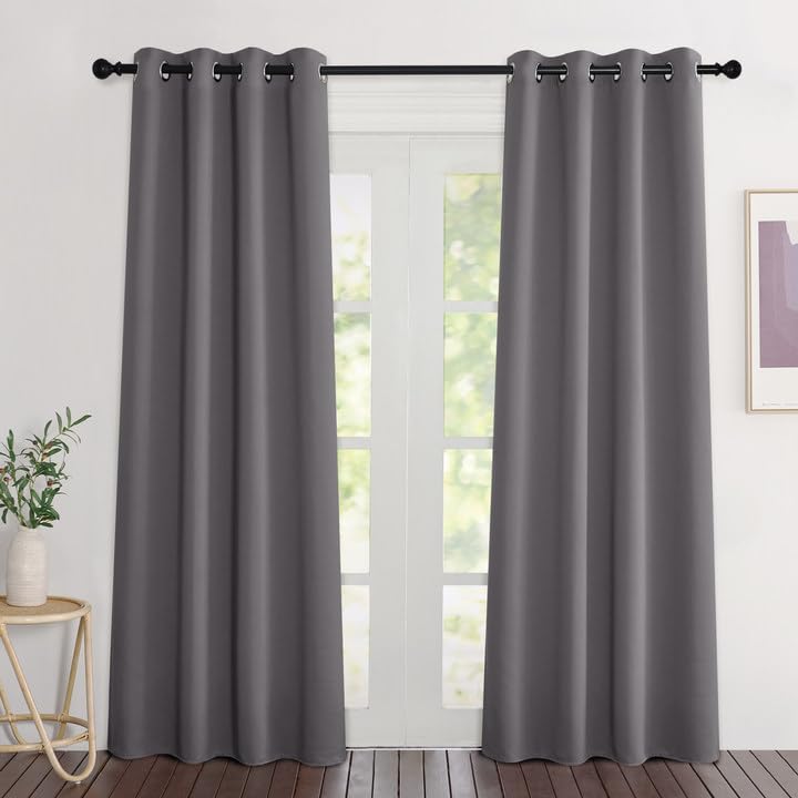 NICETOWN Blackout Grey Curtains 84 inches Long, Grommet Room Darkening Thermal Insulated Sound Dampening Window Treatments for Bedroom/Home Office, 2 Panels, W46 x L84 - color: Grey, size: 46"W x 84"L (Pack of 2)