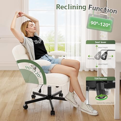 DurayLoly Criss Cross Office Chair with Flip-up Arm & Wheels | 360° Swivel,Plush Teddy Fabric Cross Legged Chair ,Adjustable Height for Home Office,Study, Gaming, Vanity,White - color: Beige
