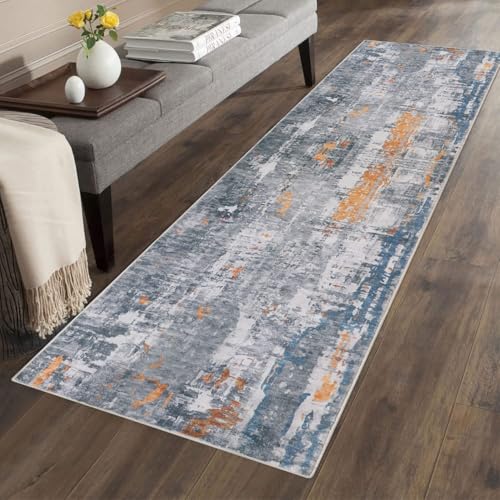 famibay Runner Rug Non Slip 2x6 Rug Runners for Hallway Washable Runner Rug Kitchen Modern Abstract Soft Wool Low Pile Carpet Runners for Hallway Entryway(Grey/Rust) - color: Grey and Rust, size: 2 x 6 feet