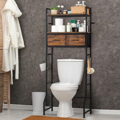 YBING Over The Toilet Bathroom Storage Cabinet for Freestanding, Above Toilet Shelf with Fabric Drawer, Tall Bathroom Shelf Organizer with Toilet Paper Holder, Brown - color: Brown