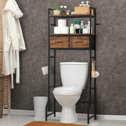 YBING Over The Toilet Bathroom Storage Cabinet for Freestanding, Above Toilet Shelf with Fabric Drawer, Tall Bathroom Shelf Organizer with Toilet Paper Holder, Brown - color: Brown