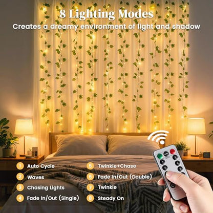 DomeStar Vines with Light for Bedroom, 300 LED Fairy Lights with Vines | Curtain String Lights with Remote for Dorm, Wedding, Party, Wall, Indoor, Outdoor Home Decor - style: 1pack-green vine-100Ft LED