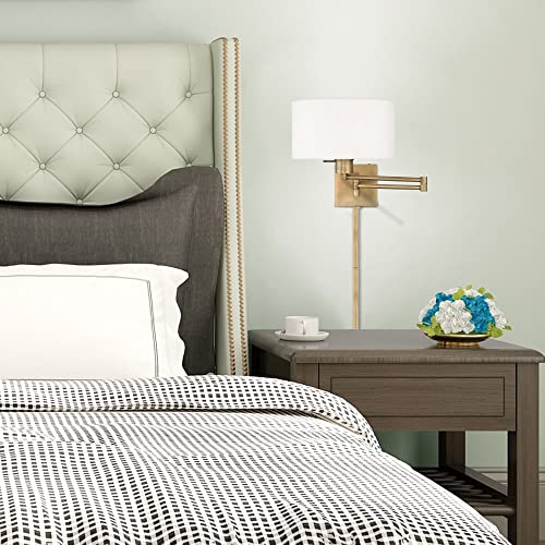 Livex Lighting 40036-01 1-Light Swing Arm Wall Light, Antique Brass | Off-White Fabric Shade - color: Antique Brass