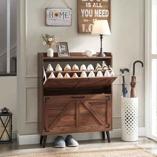 Barnyatoh Shoe Storage Cabinet with 2 Flip Drawers,Hidden Shoe Organizer | Farmhouse Freestanding Narrow Slim Shoes Rack Cabinet with Adjustable Shelves for Entryway Hallway,Walnut - color: Walnut
