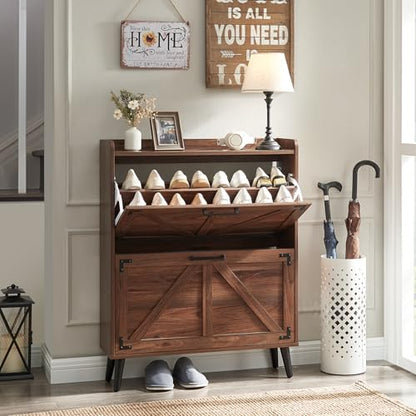 Barnyatoh Shoe Storage Cabinet with 2 Flip Drawers,Hidden Shoe Organizer | Farmhouse Freestanding Narrow Slim Shoes Rack Cabinet with Adjustable Shelves for Entryway Hallway,Walnut - color: Walnut