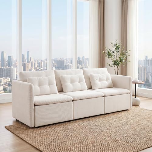 HNY 82.5" Modern Sectional Sofa, Beige | 3-Seat Button Tufted Modular Couch, Chenille Fabric With Pillow & Ottoman, Comfortable Deep Seat for Living Room, Apartment - color: Beige, size: 3 Seater
