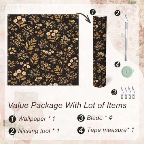 Peel and Stick Wallpaper17.3 X393.7 in, Dark Floral Leaf, Vintage Self-Adhesive Removable Wall Mural, Waterproof Accent Easy to Install for Living Room Bedroom Kitchen Walls - color: Golden Branch, size: 17.3"X393.7"