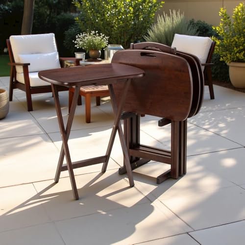 Furnifact Walnut Snack Table Set – Folding TV Trays with Stand for Dining, Working, and Serving – Space-Saving Table Trays for Any Living Room