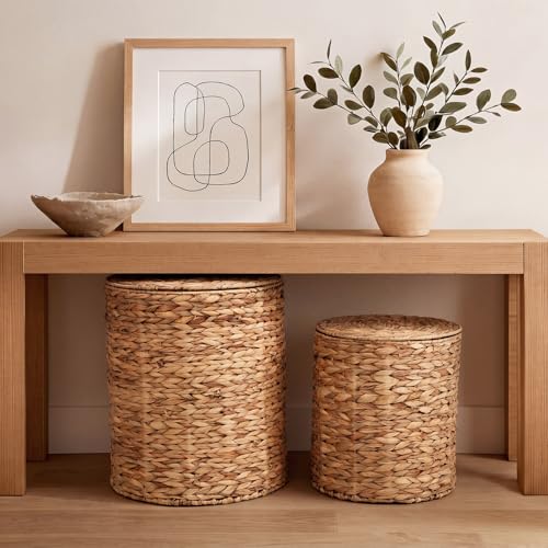 Novabright 2 Pcs Round Storage Ottoman with Lid 15.7" and 13" Natural Handwoven Water Hyacinth Footstool for Living Room Bedroom Entryway Bathroom Home Office