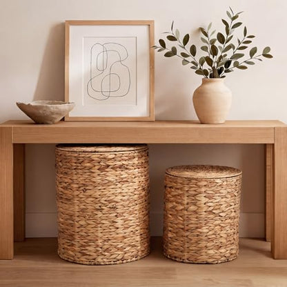 Novabright 2 Pcs Round Storage Ottoman with Lid 15.7" and 13" Natural Handwoven Water Hyacinth Footstool for Living Room Bedroom Entryway Bathroom Home Office