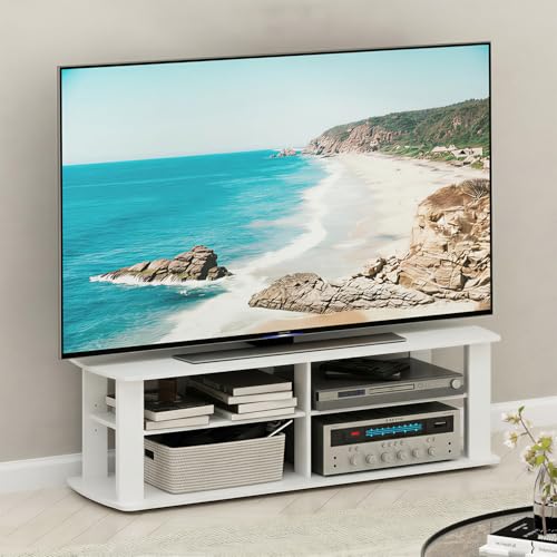 Furinno Nelly TV Stand, 3-Tier Entertainment Center with Open Shelves Storage, TV Console for TV up to 50 Inch, Soft Edges, for Living Room, Bedroom, White - color: White
