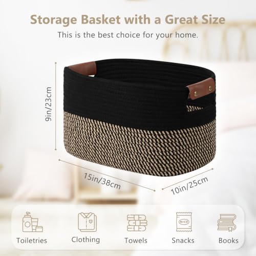 ECDYQXVU 15x10x9 Woven Cotton Rope Storage Basket, Leather Handles 1 Pack | Foldable Design, Sturdy PU Handles, Easy to Clean Organizer for Living Room, Closet, Shelves, Bedroom, Laundry, Clothes - color: Black/Brown-1 Pack, size: 1 Pack