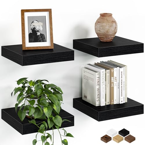 Fun Memories Floating Shelves for Wall, 8 Inch Set of 4 Rustic Wood Wall Shelves with Invisible Brackets, Heavy Duty Storage Display for Bathroom Bedroom Living Room Kitchen, Black - color: Black, size: 8"W x 8"D, Set of 4