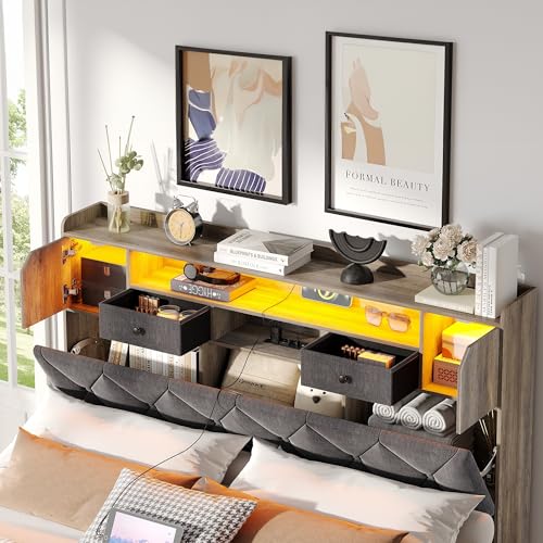 Maupvit Headboard for Queen Size Bed with Storage, Upholstered Headboard Only, Wood Head Board with Charging Station and Led Light, Height-Adjustable, Hidden and Open Storage, Rustic Grey