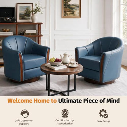 360° Swivel Accent Chair, Faux Leather Swivel Barrel Chairs | Nailhead Trim & Wood Base, Round Armchair Club Chair, Modern Reading Chairs for Living Room (BX01, Wood Blue) - color: Wood Blue