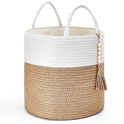 Mkono Woven Storage Basket for Blanket, Toys Plant Organizer, 11"W x 11"L | Cream White and Brown, Decorative Basket with Handle, Wood Beads Tassel, Shoes Towel Storage Bin, Living Room Bedroom Nursery - color: Cream White and Brown, size: 11" W × 11"L