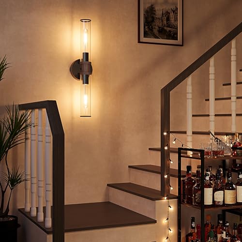 Rayogale Black & Walnut Wireless Battery Operated Wall Sconces with Remote | Glass Rechargeable Wall Lights Set of 2 with Timer Function Dimmable for Living Room Bedroom Emergency 3000K, 20.5 Inch - color: Black & Walnut(Clear Tubular Lampshade)