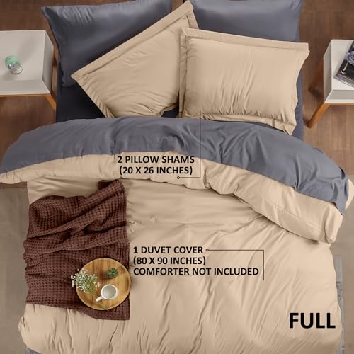 Duvet Cover Full, 3 Piece Cotton Like Polyester With Zipper Closure, Beige | Extra Soft and Breathable, Wrinkle & Fade Resistant, Includes Duvet Cover and 2 Pillow Shams, Comforter Not Included, OekoTex - color: Beige, size: Full - Duvet Cover Set