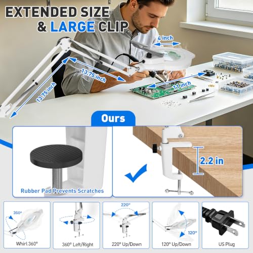KIRKAS LED Magnifying Lamp with Clamp, 2,200 Lumens Dimmable 28in 12X | Magnifying Glass with Light for Repair Reading Craft Needlework Workbench Magnifier Dust Cover Adjust Swivel Arm - color: White 28in