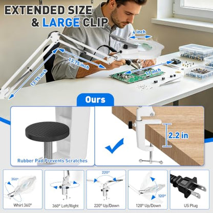 KIRKAS LED Magnifying Lamp with Clamp, 2,200 Lumens Dimmable 28in 12X | Magnifying Glass with Light for Repair Reading Craft Needlework Workbench Magnifier Dust Cover Adjust Swivel Arm - color: White 28in