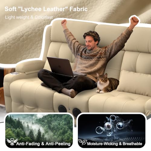 Home Theater Seating, Power Loveseat Recliner Sofa with Massage & Heat | Wall Hugger Reclining Loveseat with USB, RV Couch with LED Lights, Flip Backrest, Cup Holders for Movie Theater, Gaming Room - color: Pebbled Beige White, size: 72" - 2 Seats