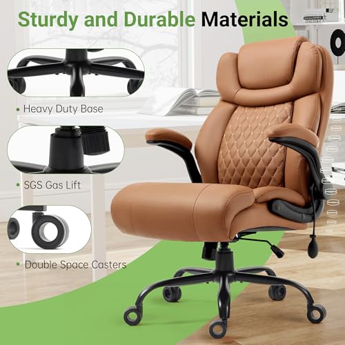 Office Chair, Big and Tall Executive Chair with Air-Lumbar Support, Breathable Desk Computer Chair with Adjustable Flip-up Armrests, Wide Cushion Seat Swivel Home Office Chair - color: Brown