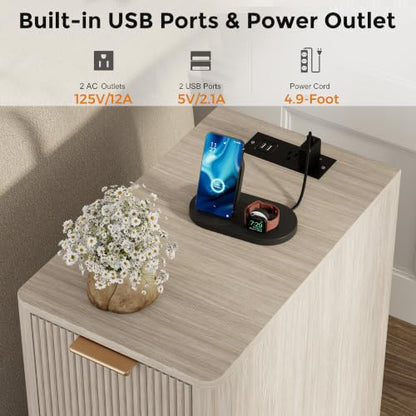 Homleke Narrow End Table with Fluted Drawer & Charging Station | Compact Nightstand with USB Ports & Outlets, Bedside Table for Bedroom, Living Room, Modern Accent Table, Light Gray Oak - color: Light Gray Oak