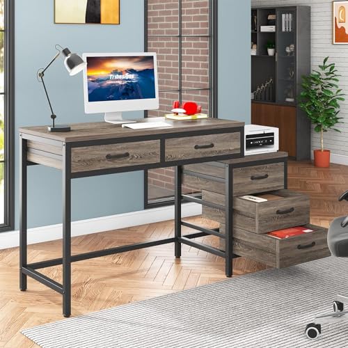 Tribesigns Computer Desk with 5 Drawers, Reversible Home Office Desks | Small Desk with Drawer Cabinet Printer Stand, PC Desk with Storage, Grey Study Writing Table Workstation for Small Spaces - color: Grey