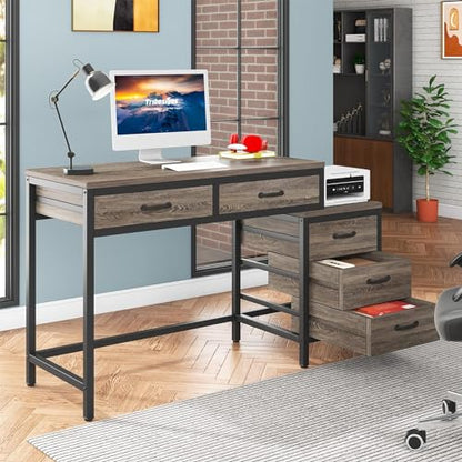 Tribesigns Computer Desk with 5 Drawers, Reversible Home Office Desks | Small Desk with Drawer Cabinet Printer Stand, PC Desk with Storage, Grey Study Writing Table Workstation for Small Spaces - color: Grey
