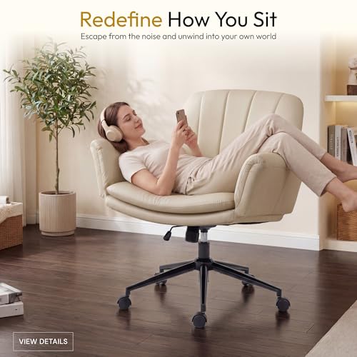 Dowinx Criss Cross Chair with Five-Level Adjustable Arms and Wheels - Comfortable Ergonomic PU Leather Swivel Vanity Chair - Computer Makeup Gaming Chair for Home Office, Bedroom, Vanity Room (Khaki) - color: Light Khaki