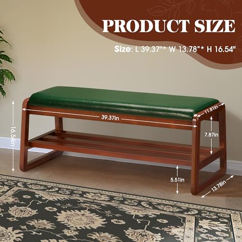 Solid Wood Shoe Rack, Entryway Shoe Bench with Cushion, 2 Tier Shoes Organizer for Entryway, Hallway, Living Room-(Green,39.37"-L) - color: Green, size: 39.37" length