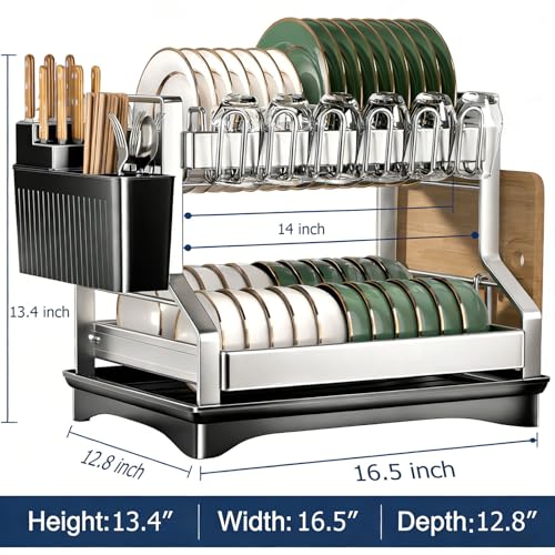 Fandian Dish Drying Rack 2 Tier Dish Racks for Kitchen Counter and Sink, Large Dish Drying Rack with Drainboard & Utensil Holders Stainless Steel Dish Drainers Kitchen Organization and Storage - color: White Dish Racks