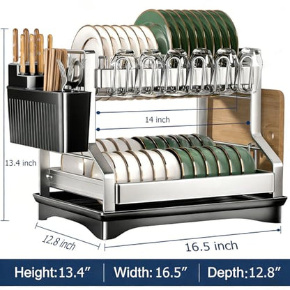 Fandian Dish Drying Rack 2 Tier Dish Racks for Kitchen Counter and Sink, Large Dish Drying Rack with Drainboard & Utensil Holders Stainless Steel Dish Drainers Kitchen Organization and Storage - color: White Dish Racks