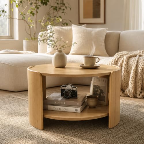Oak Round Coffee Table, 2-Tier 31.5" Open Storage Modern Center Table | Wooden Circle Coffee Table with Shelf & Curved Legs for Living Room, Home Office, Reception Room, Apartment, Natural - color: Natural