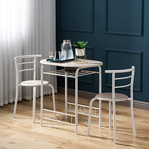 VINGLI 3 Piece Dining Set,Small Kitchen Table Set for 2,Breakfast Table Set,Kitchen Wooden Table and 2 Chairs for Small Space/Dining Room/Apartment,Metal Frame,Wine Rack,White&Light Oak - color: White&light Oak
