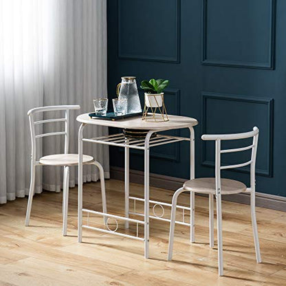VINGLI 3 Piece Dining Set,Small Kitchen Table Set for 2,Breakfast Table Set,Kitchen Wooden Table and 2 Chairs for Small Space/Dining Room/Apartment,Metal Frame,Wine Rack,White&Light Oak - color: White&light Oak