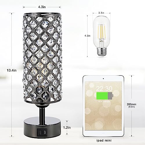 Black Crystal Touch Lamp with USB-C/A, 3-Dim Dimmable for Bedroom, Modern | Table Lamp, Bedside Lamp, Small Touch Light for Living Room Bedroom, Charge Phone, Bulb Included, Crystal Lampshade - color: Black