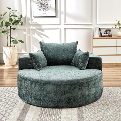 55" Oversized Round Chaise Longue Chair Indoor, Upholstered Chenille Circle Single Cloud Reading Sofa Chair Deep Seat Modern Boneless Sleeper Couch No Assembly Required, Green - color: Green, style: 55"Chenille