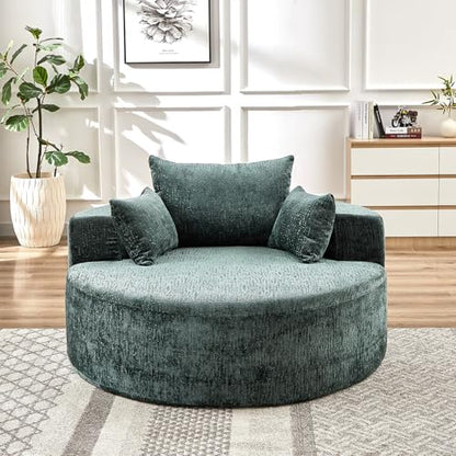 55" Oversized Round Chaise Longue Chair Indoor, Upholstered Chenille Circle Single Cloud Reading Sofa Chair Deep Seat Modern Boneless Sleeper Couch No Assembly Required, Green - color: Green, style: 55"Chenille